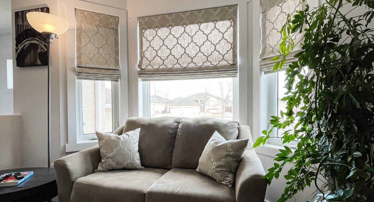 fabric blinds in neutral window nook